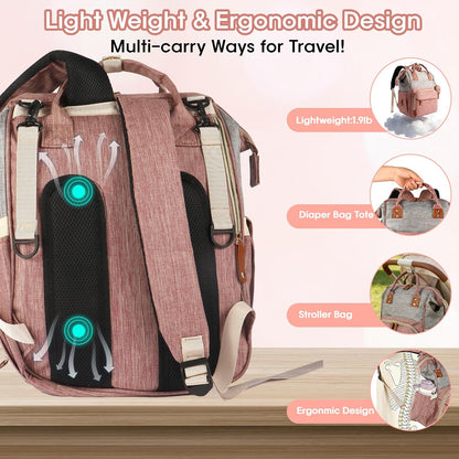 MosaiRudo Diaper Bag Backpack Baby Bag,Waterproof, Travel Diaper Bags with Pacifier Case for Baby Girl Boy Backpack for Women (Pink-Gray)