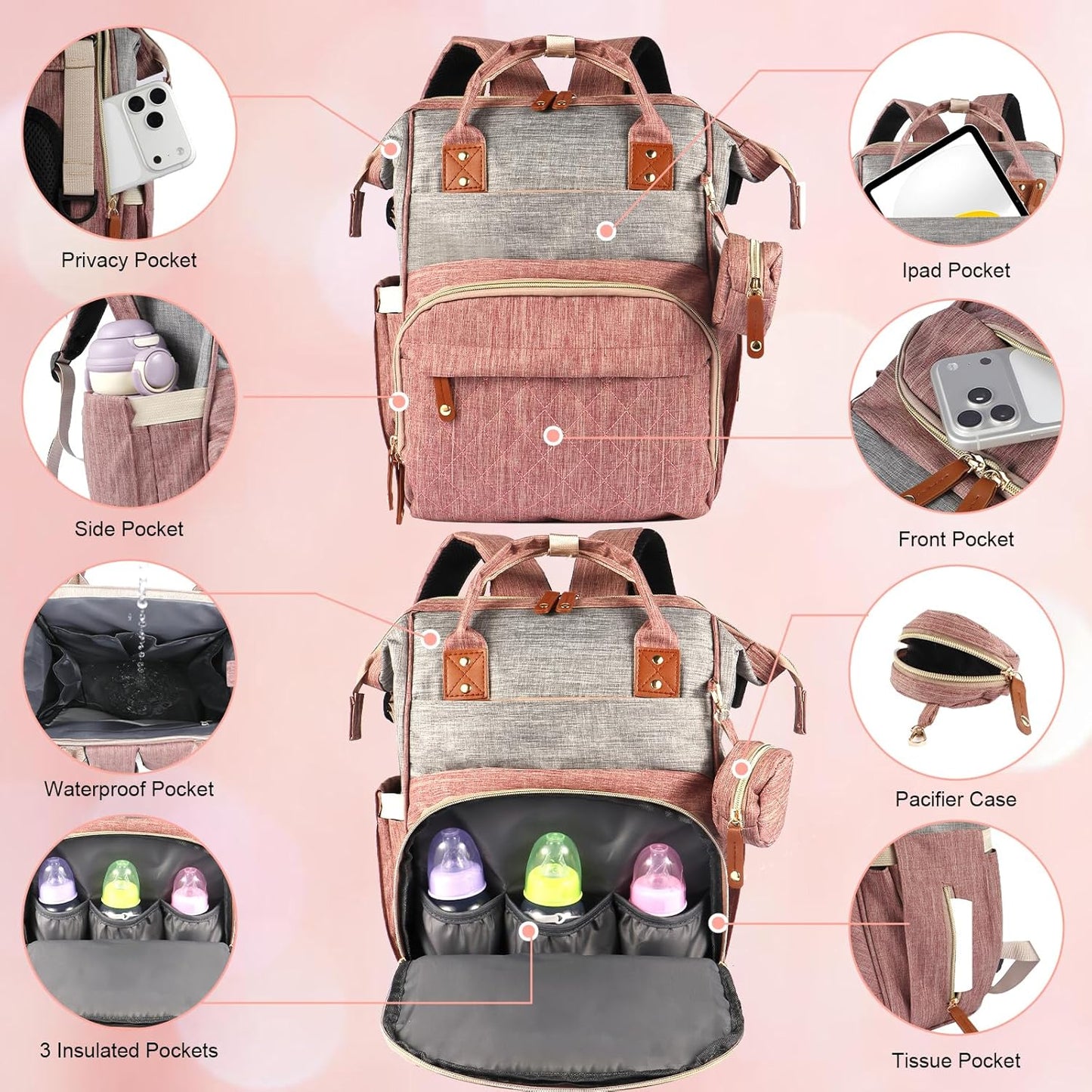 MosaiRudo Diaper Bag Backpack Baby Bag,Waterproof, Travel Diaper Bags with Pacifier Case for Baby Girl Boy Backpack for Women (Pink-Gray)