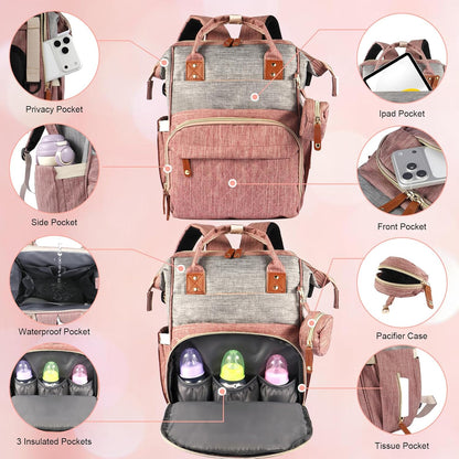 MosaiRudo Diaper Bag Backpack Baby Bag,Waterproof, Travel Diaper Bags with Pacifier Case for Baby Girl Boy Backpack for Women (Pink-Gray)