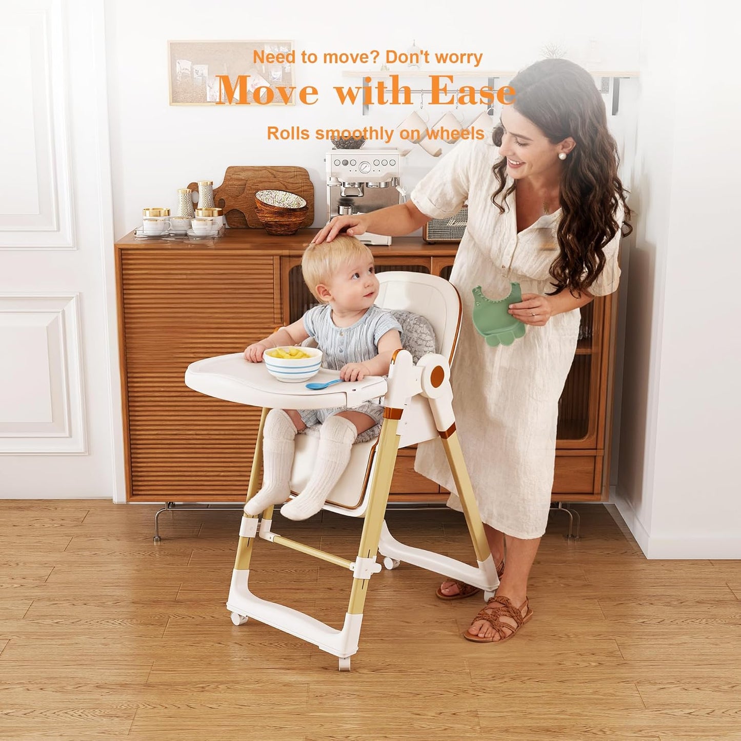 Convertible Baby High Chair to Rocker with 5-Point Harness, Foldable Infant Feeding Chair with Silent Locking Wheels & Removable 2-Tier Easy-Clean Tray (White)