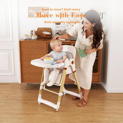 Convertible Baby High Chair to Rocker with 5-Point Harness, Foldable Infant Feeding Chair with Silent Locking Wheels & Removable 2-Tier Easy-Clean Tray (White)