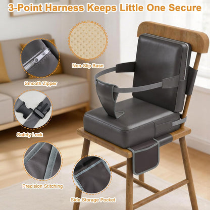 Booster Seat for Kitchen Chair, Non-Slip Toddler Booster Seat for Dining Table with Backrest, Adjustable Straps, Portable Travel Toddler Booster Seat with Storage Bag, Grey