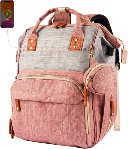 MosaiRudo Diaper Bag Backpack Baby Bag,Waterproof, Travel Diaper Bags with Pacifier Case for Baby Girl Boy Backpack for Women (Pink-Gray)