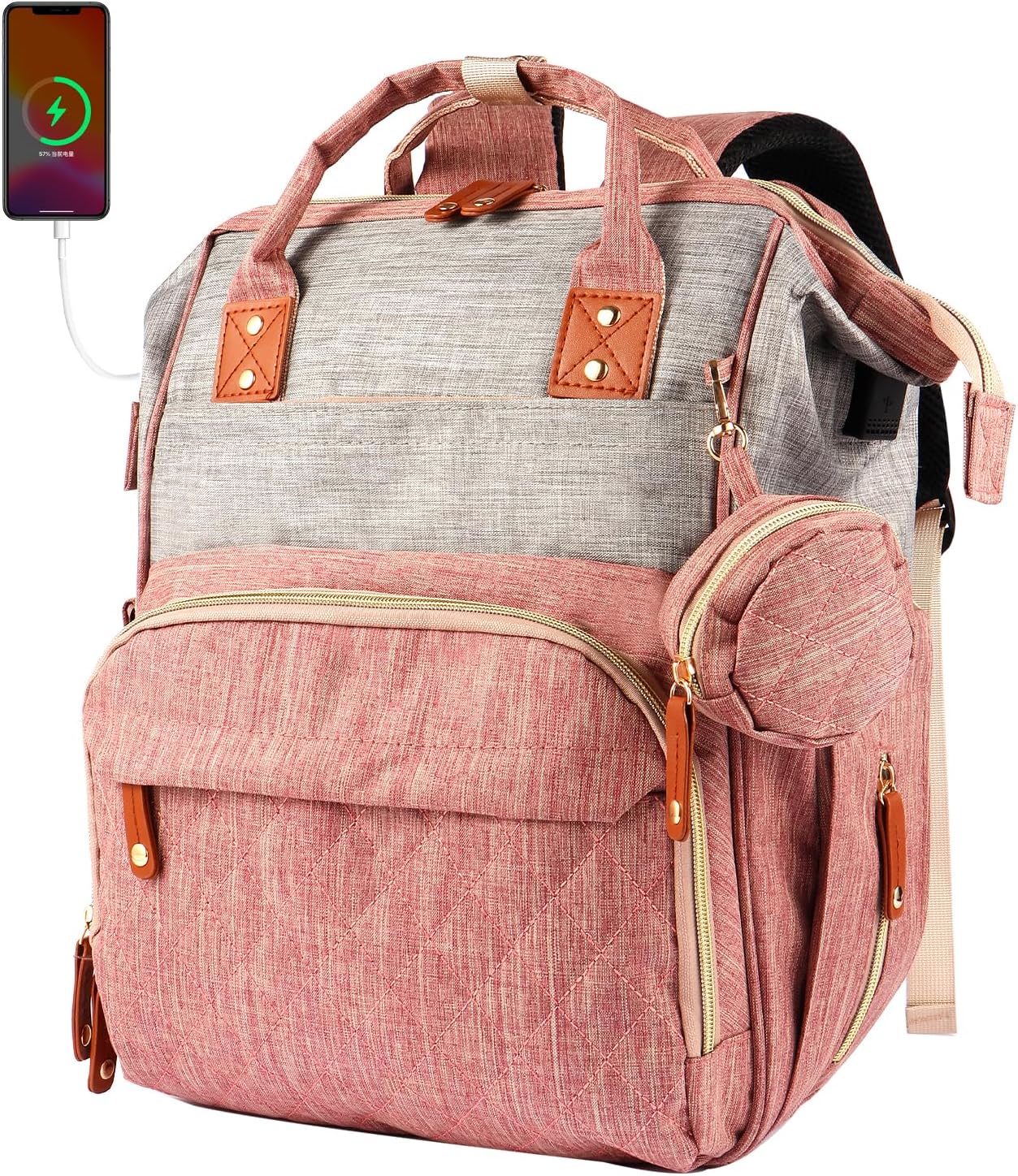 MosaiRudo Diaper Bag Backpack Baby Bag,Waterproof, Travel Diaper Bags with Pacifier Case for Baby Girl Boy Backpack for Women (Pink-Gray)