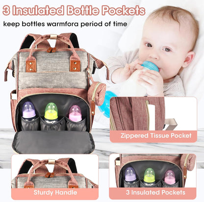MosaiRudo Diaper Bag Backpack Baby Bag,Waterproof, Travel Diaper Bags with Pacifier Case for Baby Girl Boy Backpack for Women (Pink-Gray)