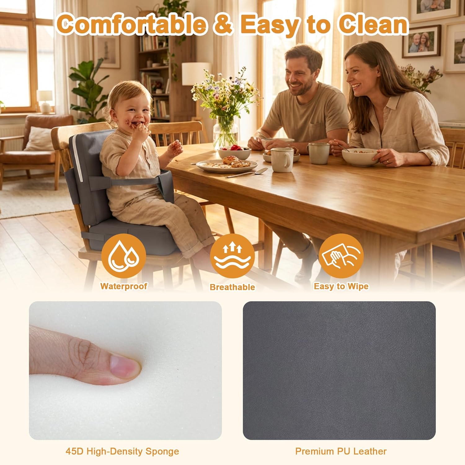 Booster Seat for Kitchen Chair, Non-Slip Toddler Booster Seat for Dining Table with Backrest, Adjustable Straps, Portable Travel Toddler Booster Seat with Storage Bag, Grey