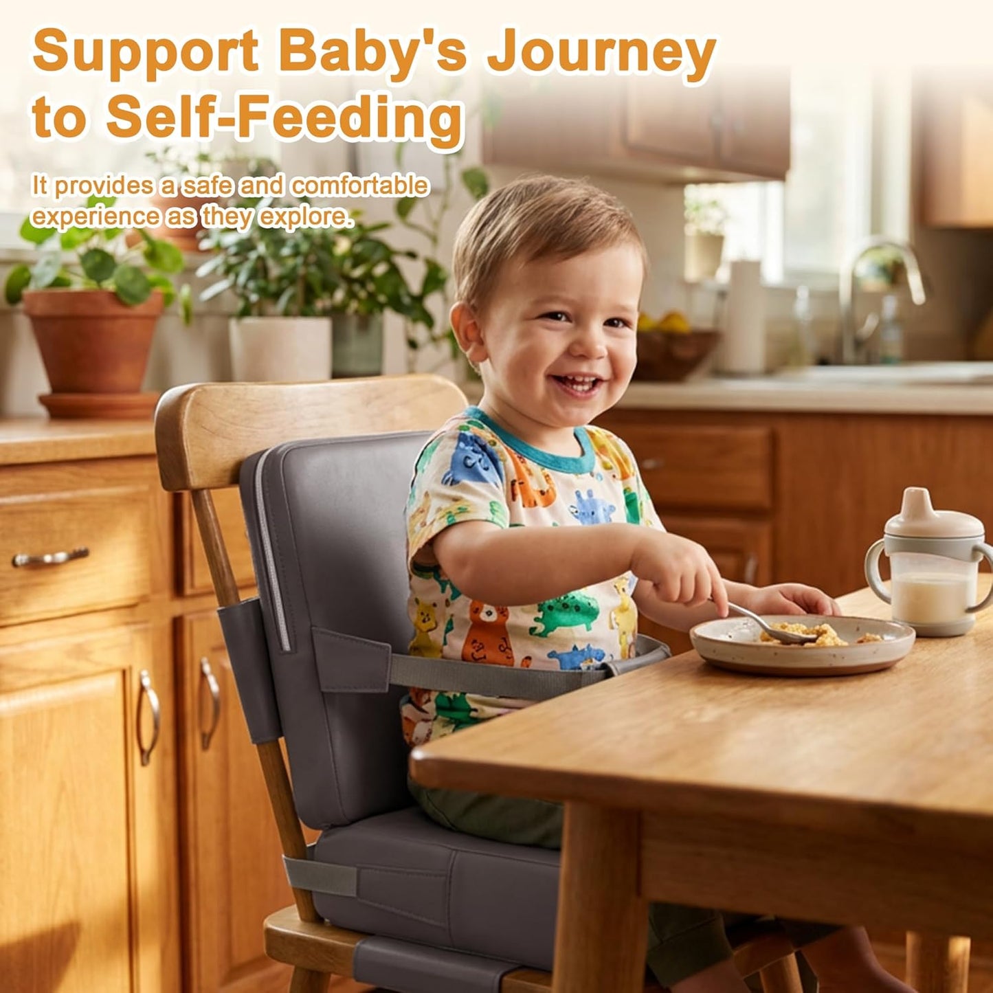 Booster Seat for Kitchen Chair, Non-Slip Toddler Booster Seat for Dining Table with Backrest, Adjustable Straps, Portable Travel Toddler Booster Seat with Storage Bag, Grey