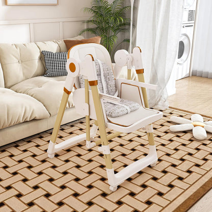 Convertible Baby High Chair to Rocker with 5-Point Harness, Foldable Infant Feeding Chair with Silent Locking Wheels & Removable 2-Tier Easy-Clean Tray (White)