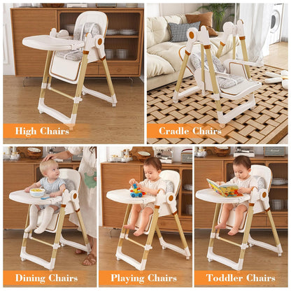 Convertible Baby High Chair to Rocker with 5-Point Harness, Foldable Infant Feeding Chair with Silent Locking Wheels & Removable 2-Tier Easy-Clean Tray (White)